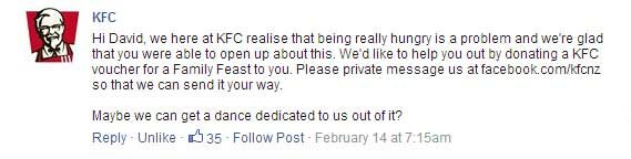 KFC's response to the "Let's get Dave a feed" project on PledgeMe