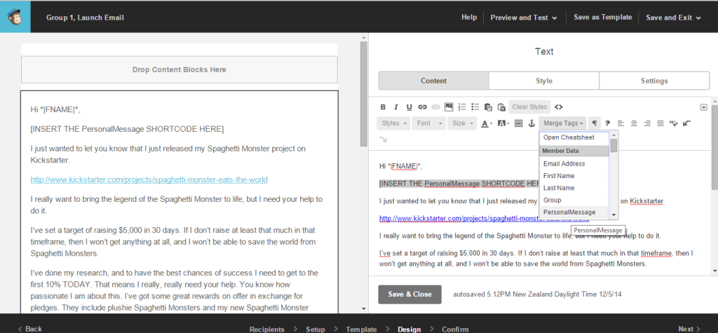 Adding the personal message merge tag