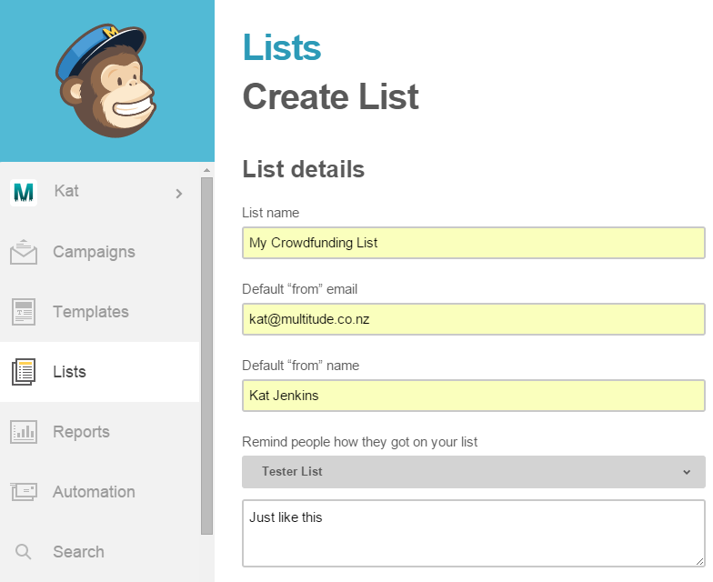 Create a Mailchimp list