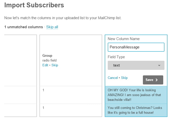 Naming columns in Mailchimp