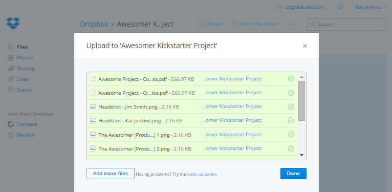 Upload files into a press kit folder in Dropbox