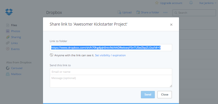 Copying the link to your Dropbox Folder