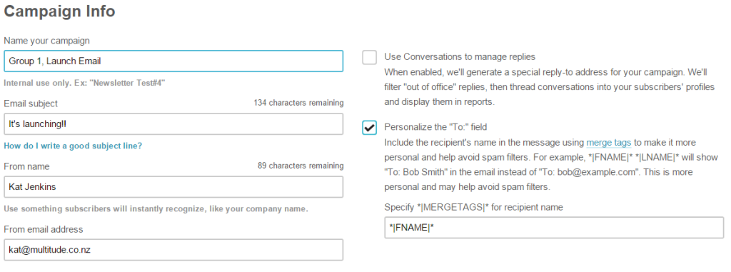 Set up campaign info in Mailchimp